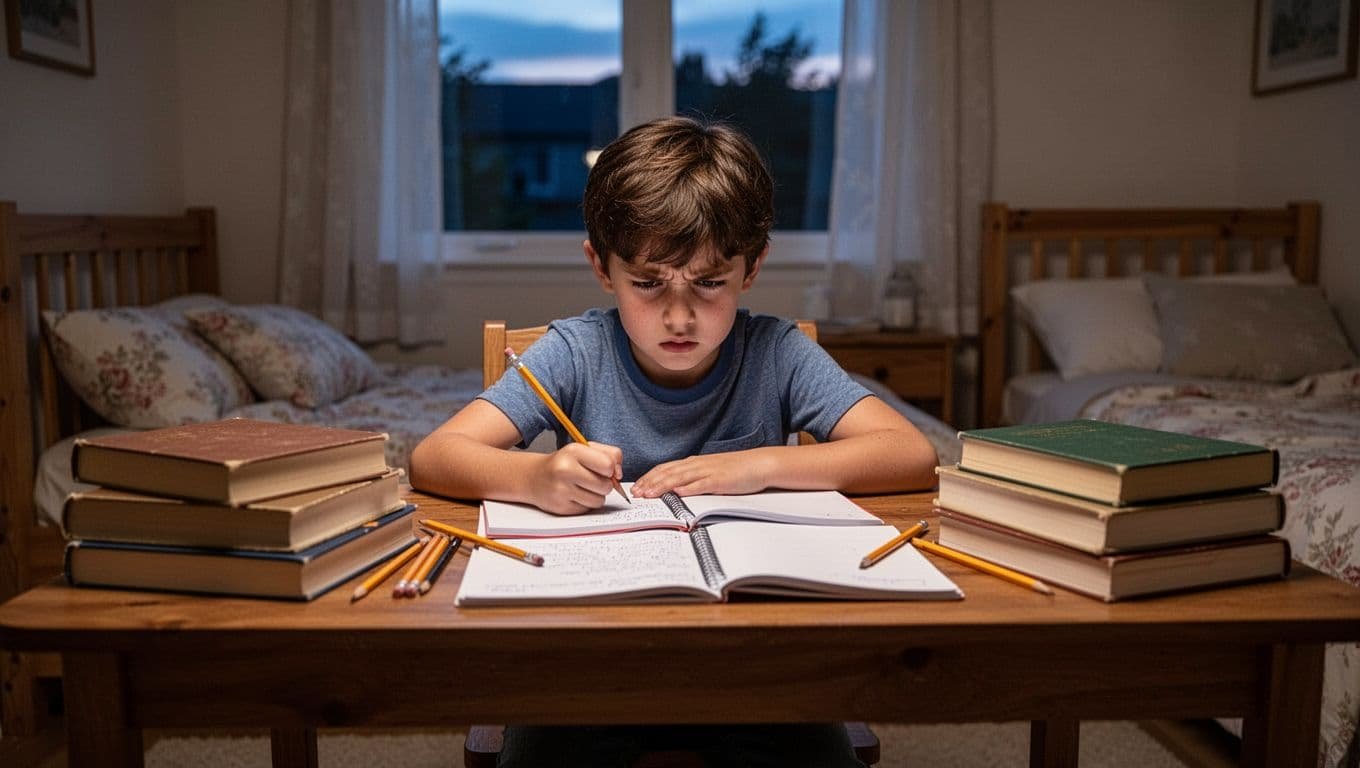 10-year-old child sits rigidly at wooden desk piled with textbooks, notebooks, and pencils, face showing anxiety with furrowed brow in bedroom.
