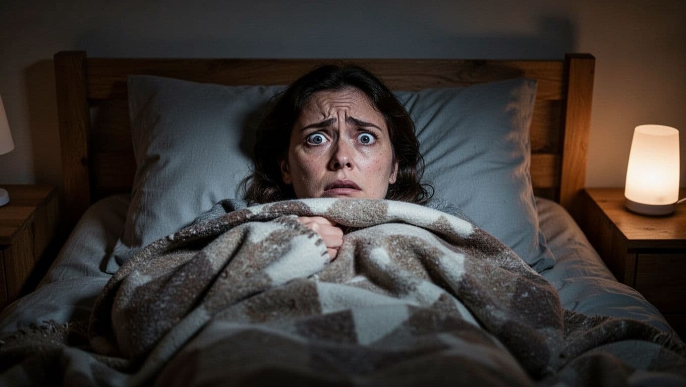 Person lies in bed at night, face showing worry, covers pulled up in dim light.