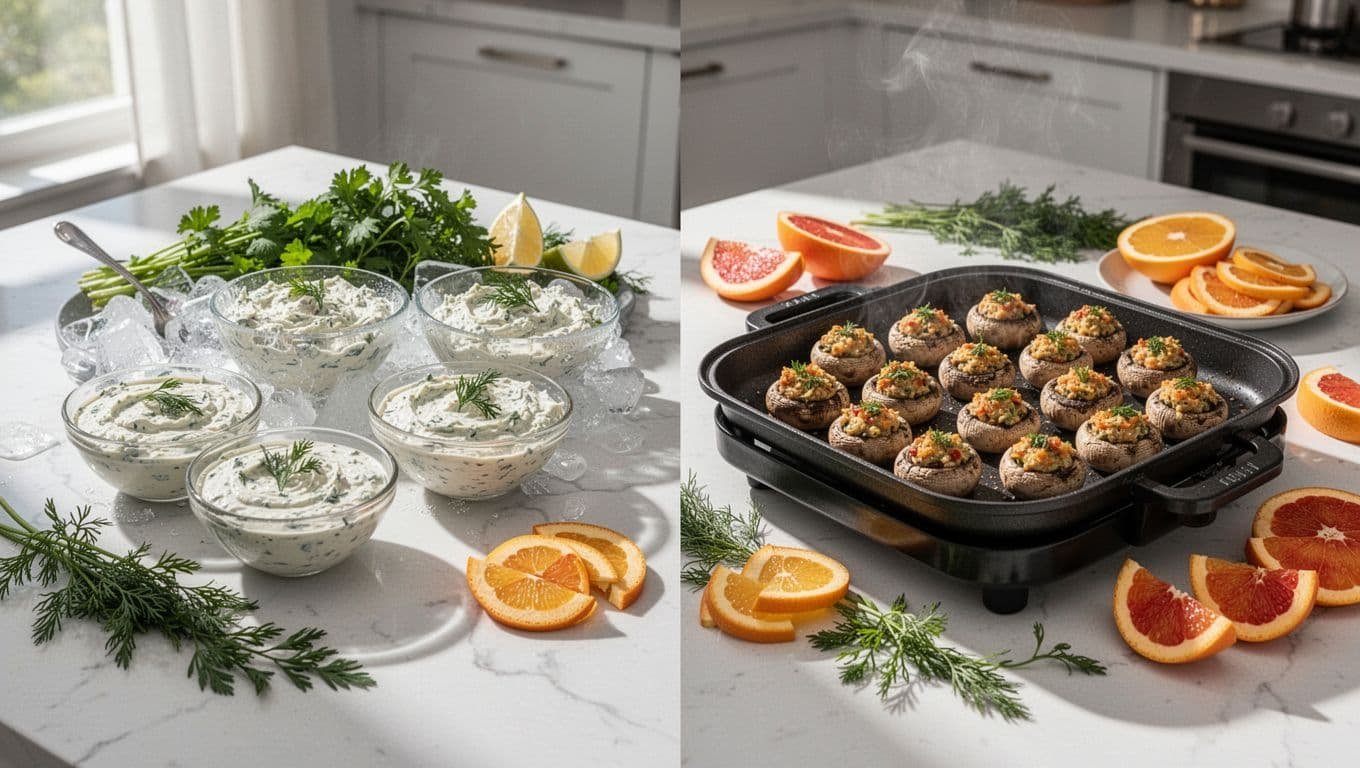 Appetizer platter on kitchen table shows cold dips in chilled bowls and hot stuffed mushrooms on warming tray in separate zones with herbs and fruits.