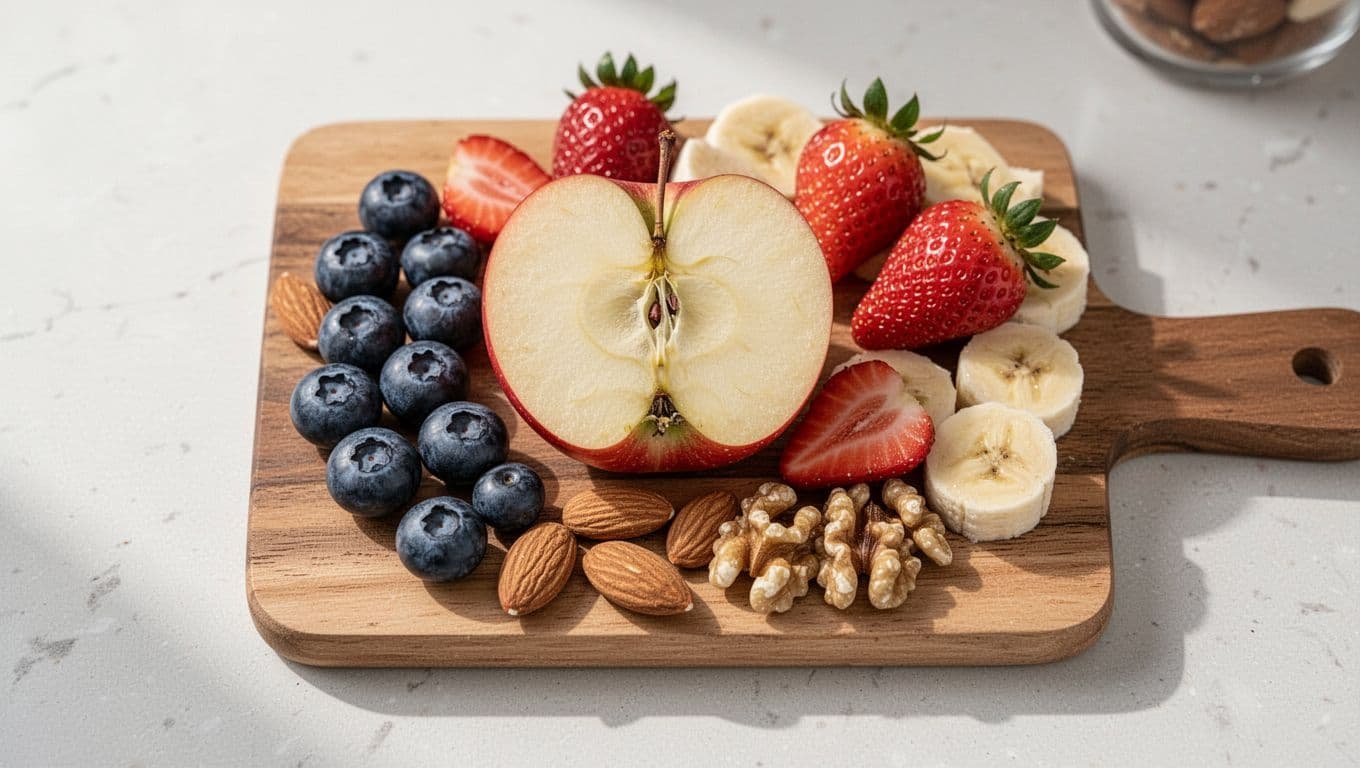 Apple slices, blueberries, strawberries, banana chunks, almonds, and walnuts on a wooden board.