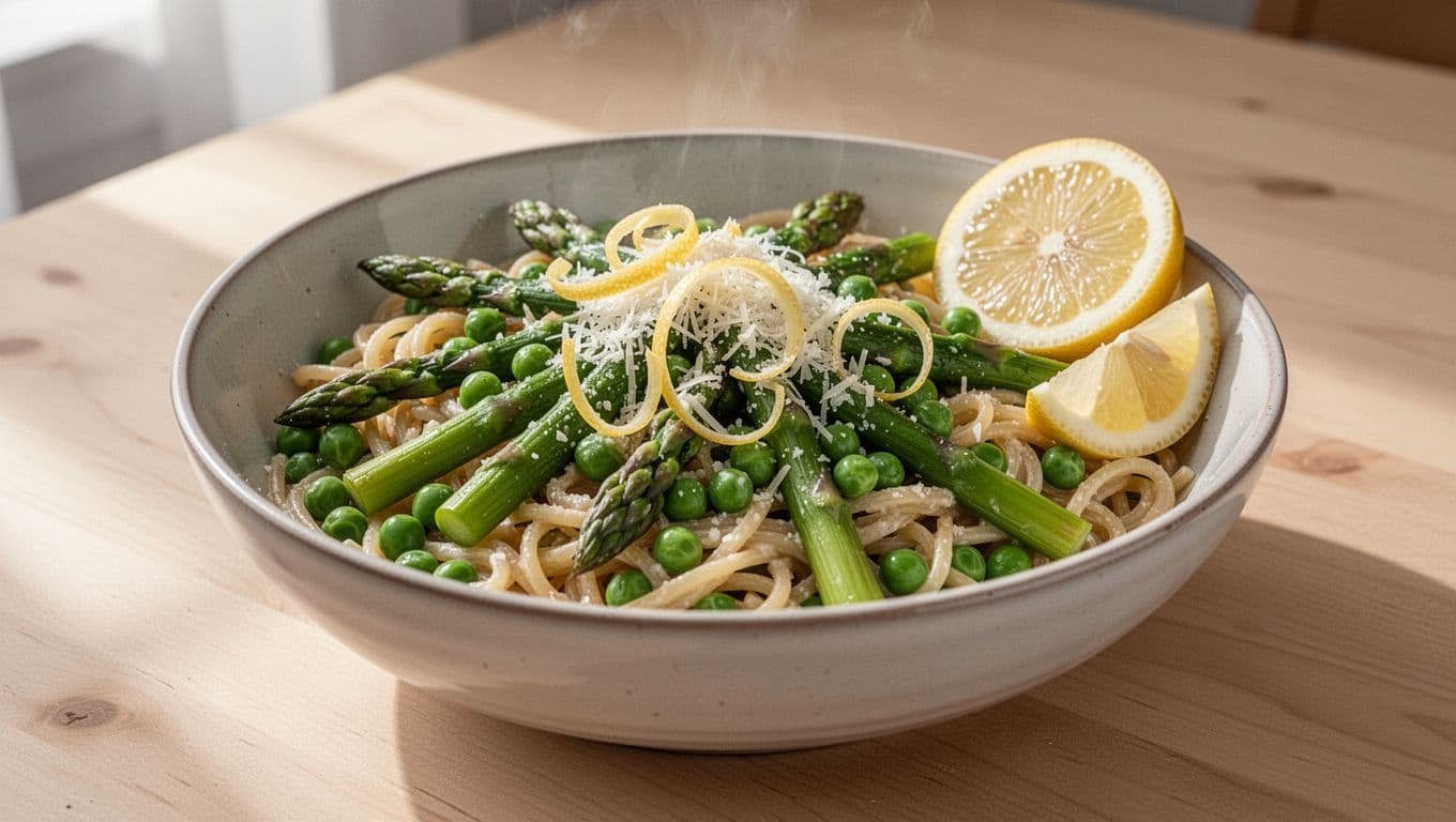 Steaming bowl of pasta with asparagus, peas, lemon zest, and grated Parmesan on wooden table.