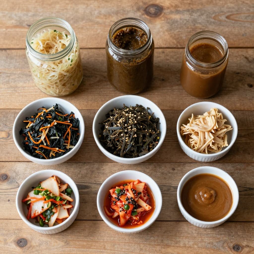 Jar of sauerkraut, bowl of kimchi, and miso paste on rustic wooden table.