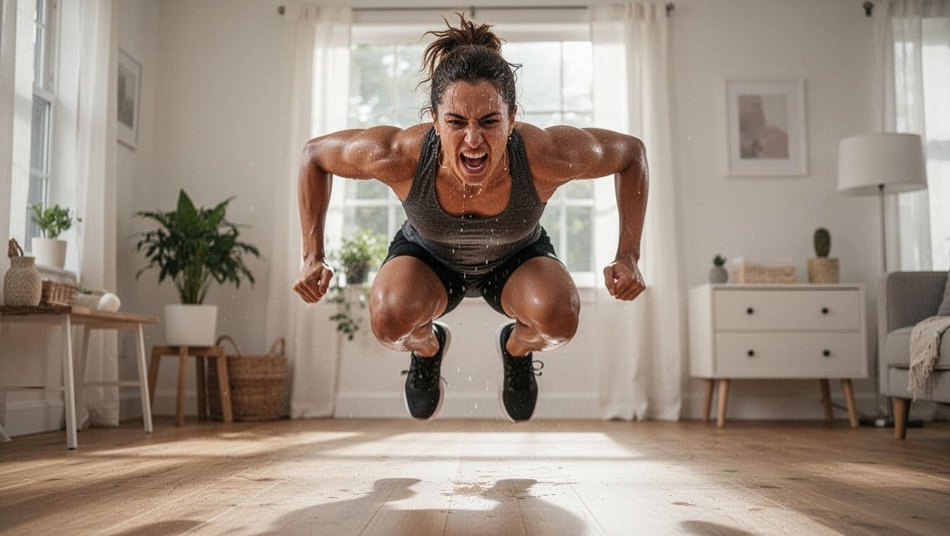 Athletic person mid-jump in burpee, sweat on intense face, bright home space.