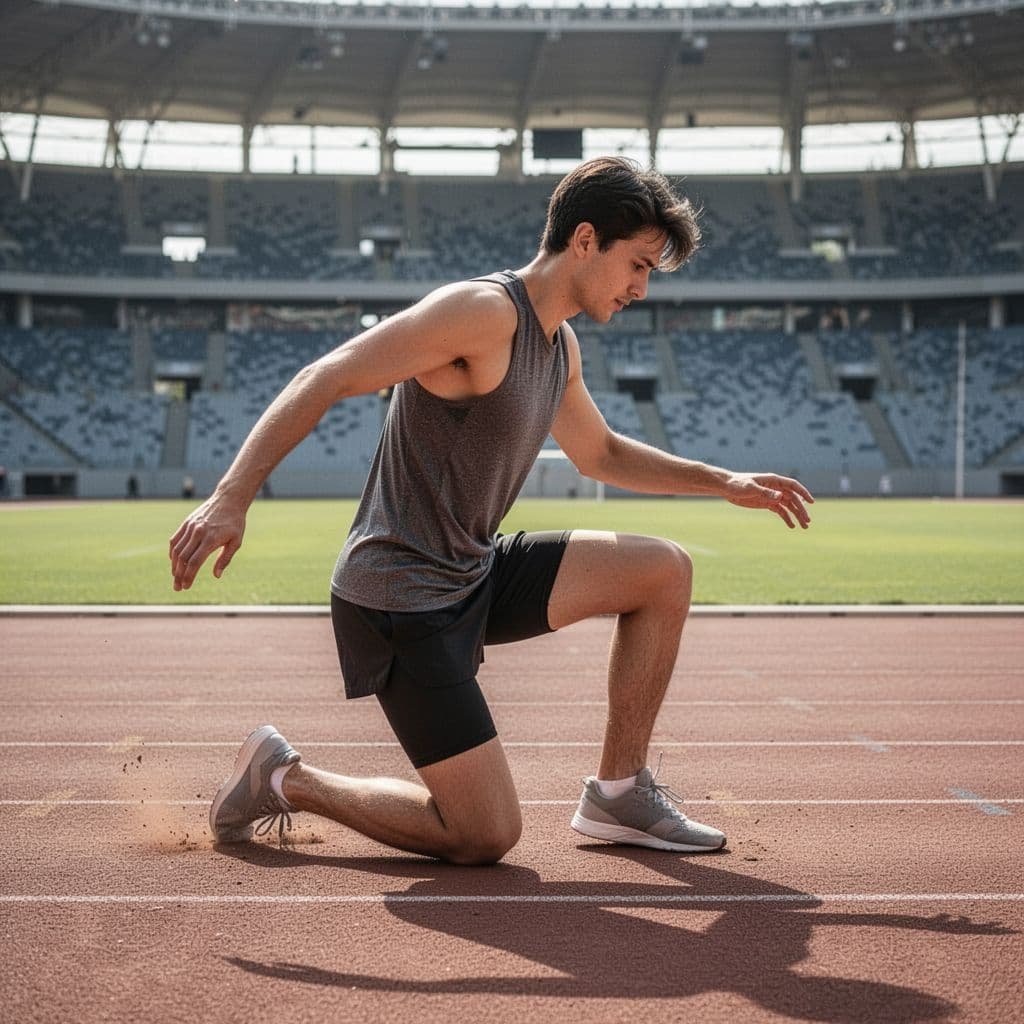 Athlete in gear rises from stadium track after stumbling, side view in daylight.