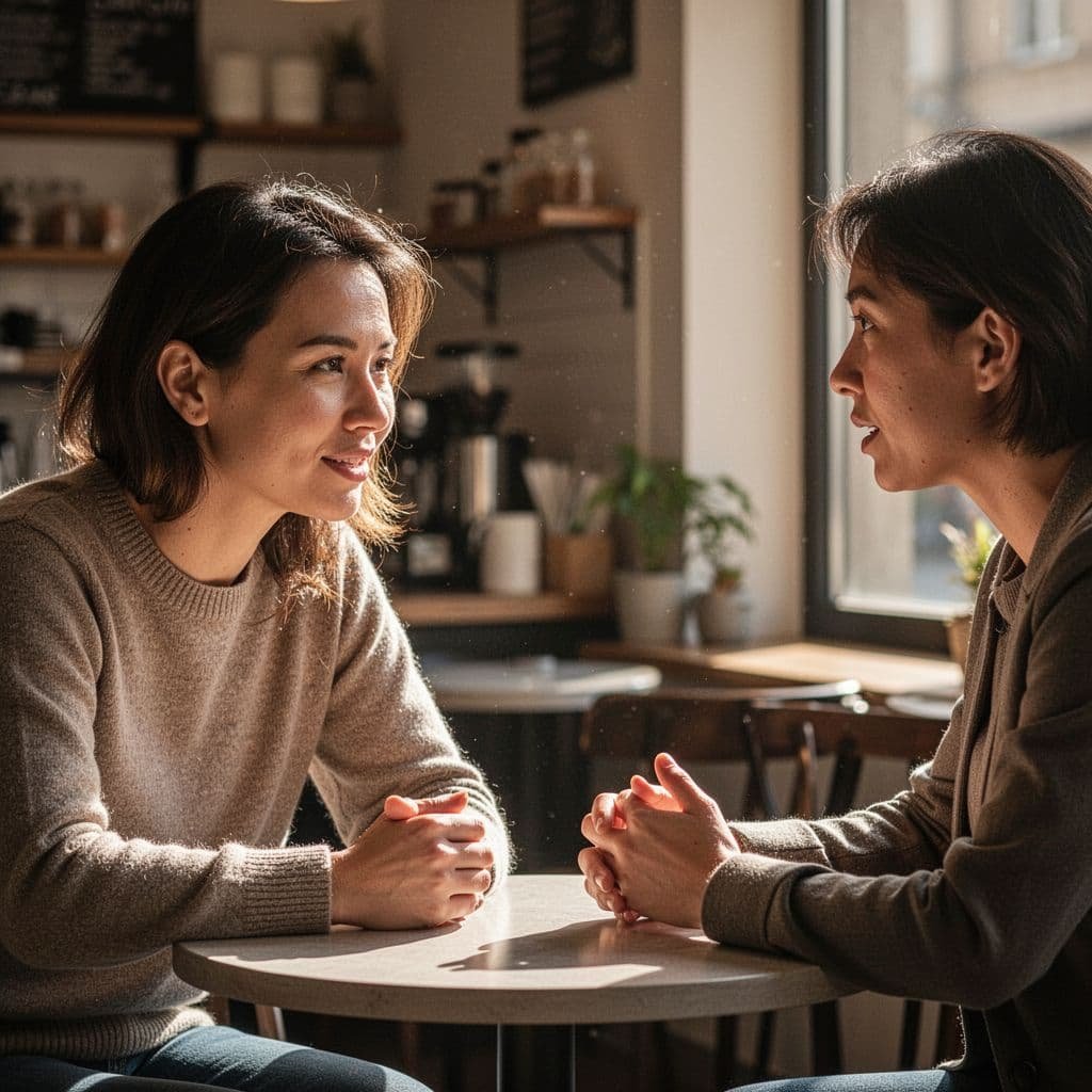 Two people sit in a sunlit cafe, one leaning forward listening attentively to the other.
