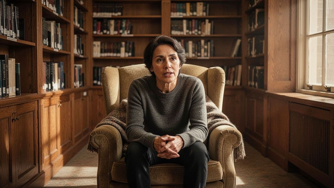 Person leans forward in armchair in quiet library with warm steady expression while listening.