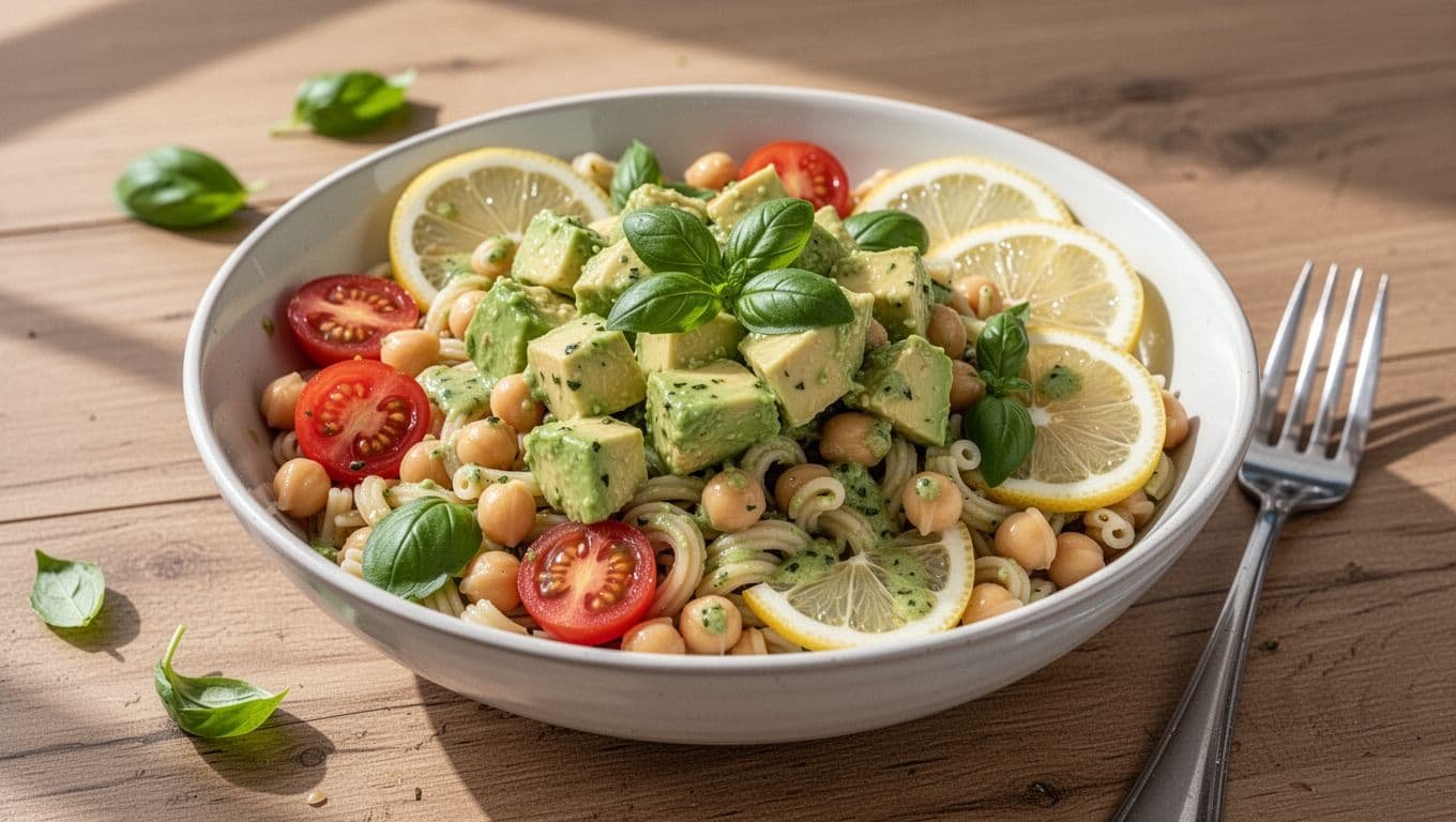Bowl of chickpea pasta salad with diced avocado, cherry tomatoes, chickpeas, lemon slices, basil, drizzled with dressing on wooden table.