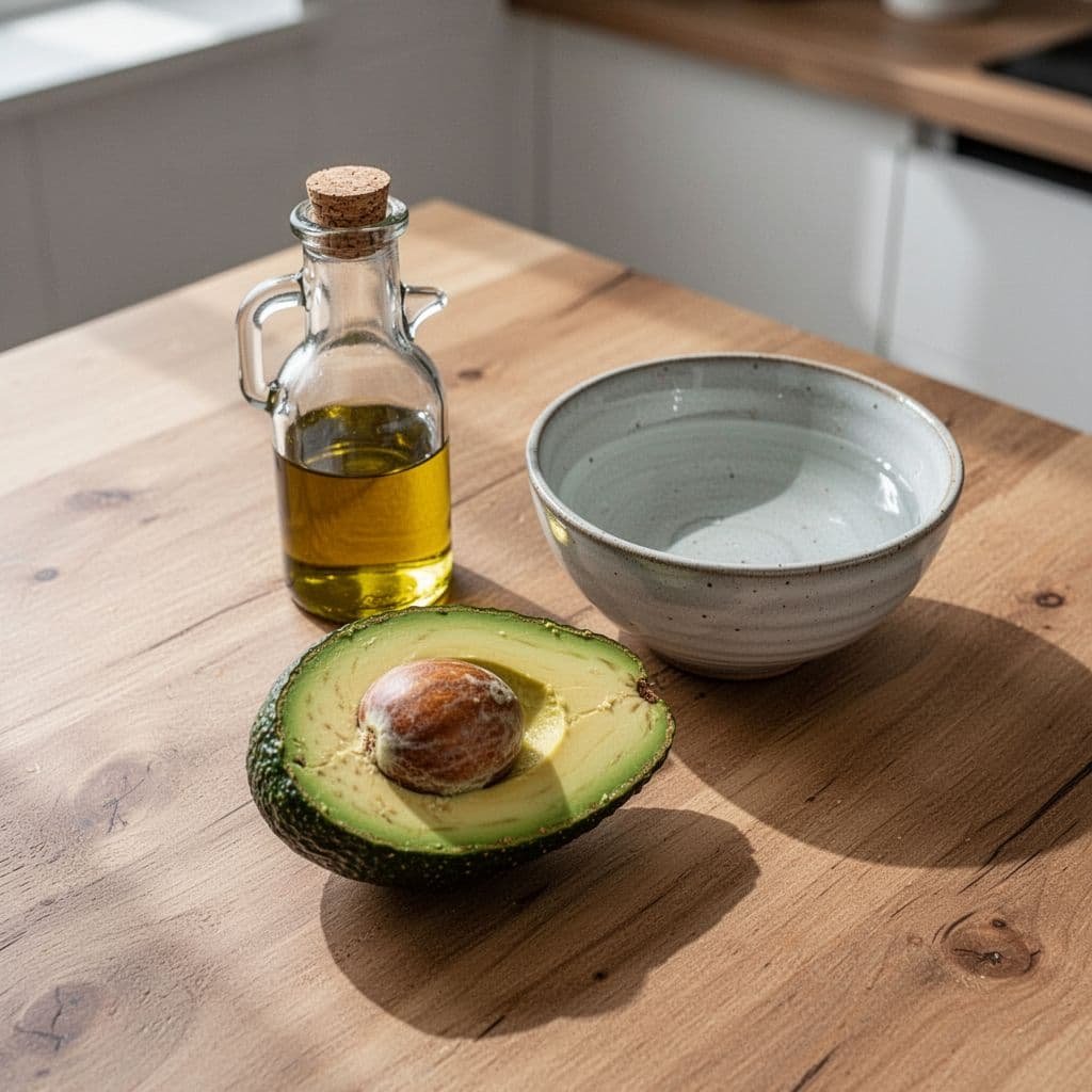 A sliced ripe avocado, olive oil, and a bowl of water sit on a wooden table.