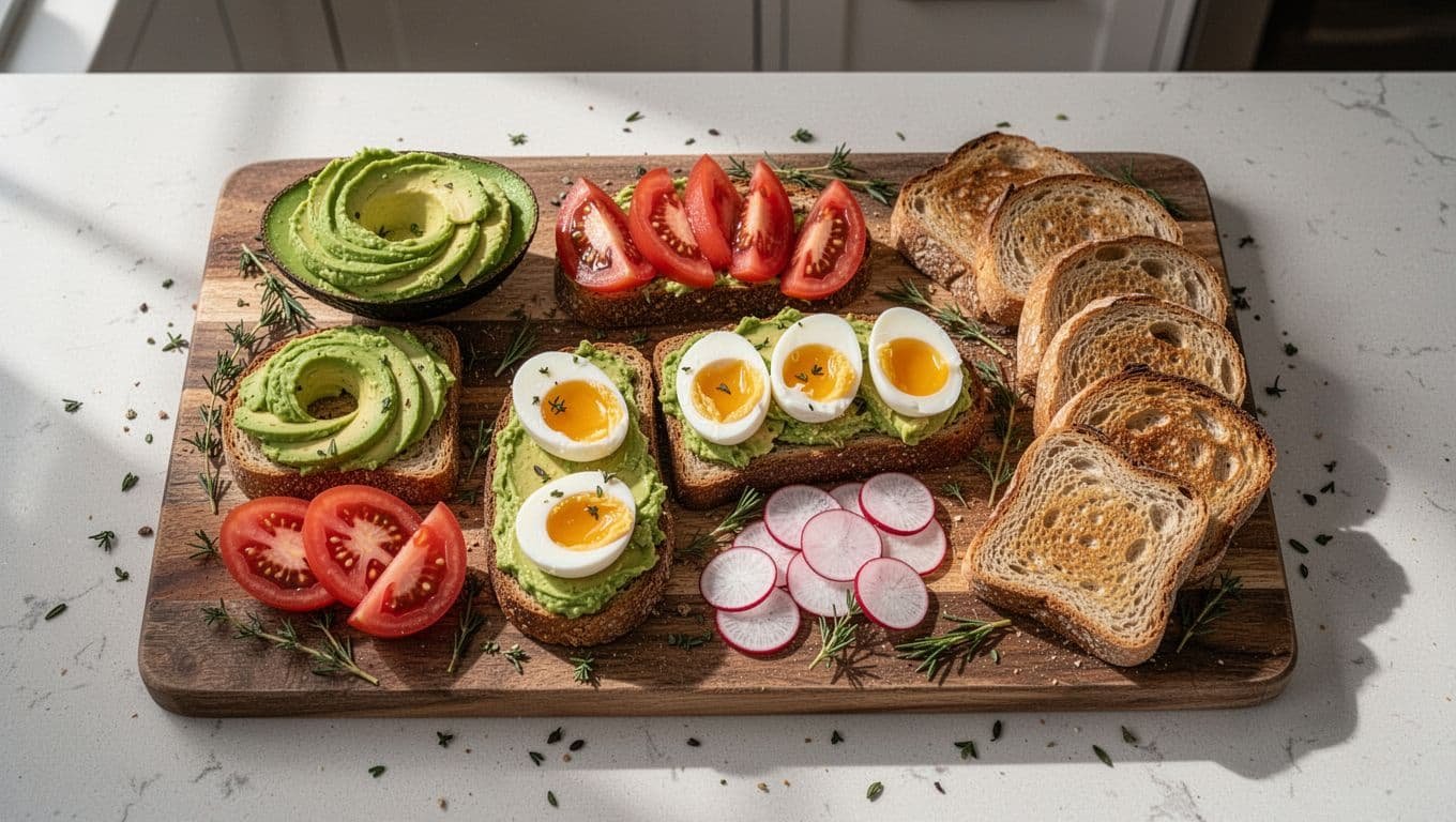 Sliced avocados, eggs, tomatoes, radishes, and bread on wooden board with scattered fresh herbs, top-down view.
