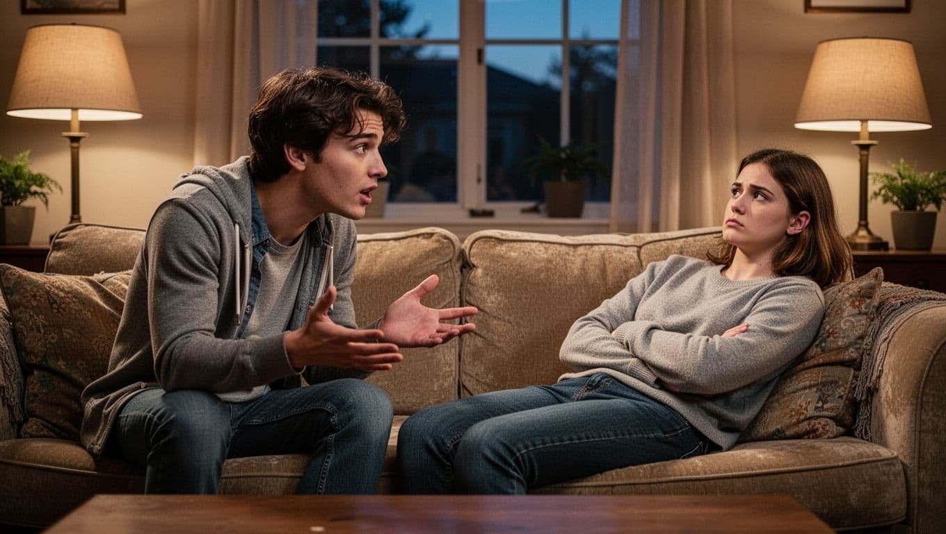 Two young adults sit face-to-face on a couch; one leans forward gesturing animatedly, the other sits back bored with crossed arms.