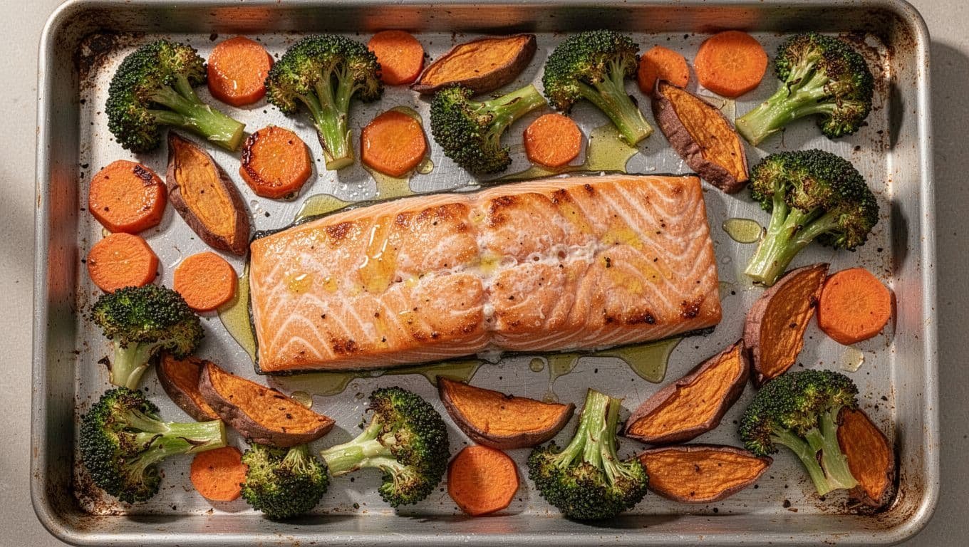 Sheet pan with baked salmon fillet surrounded by roasted broccoli florets, carrot chunks, and sweet potato wedges.
