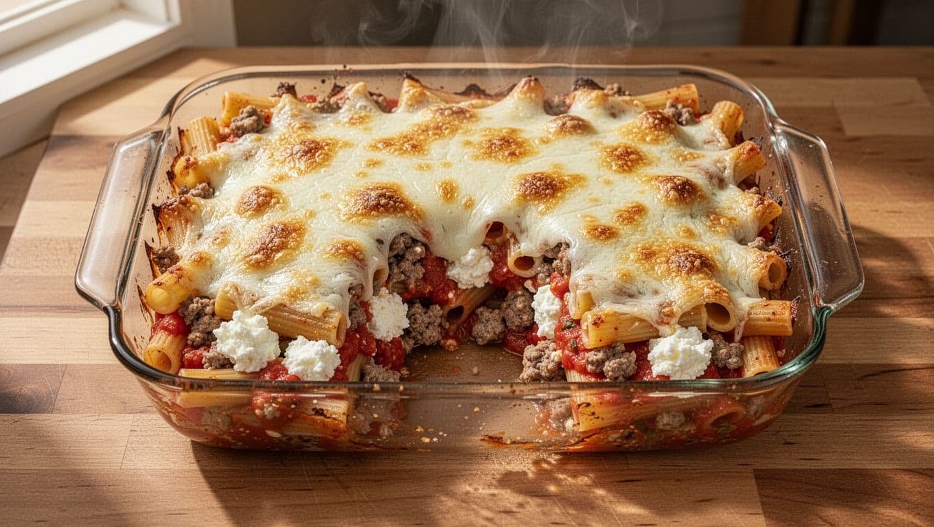 Overhead view of ziti in glass dish with golden bubbly cheese top and slice revealing firm pasta, sausage, sauce, ricotta layers.