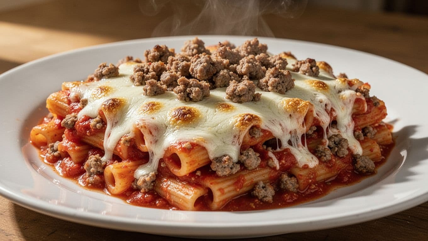 Close-up of baked ziti on white plate with sausage pieces, red tomato sauce, and bubbly melted mozzarella, steam rising.