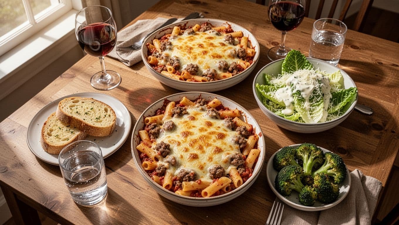 Top-down view of dining table with baked ziti dish, garlic bread plate, Caesar salad bowl, roasted broccoli, red wine glass, and water glass.
