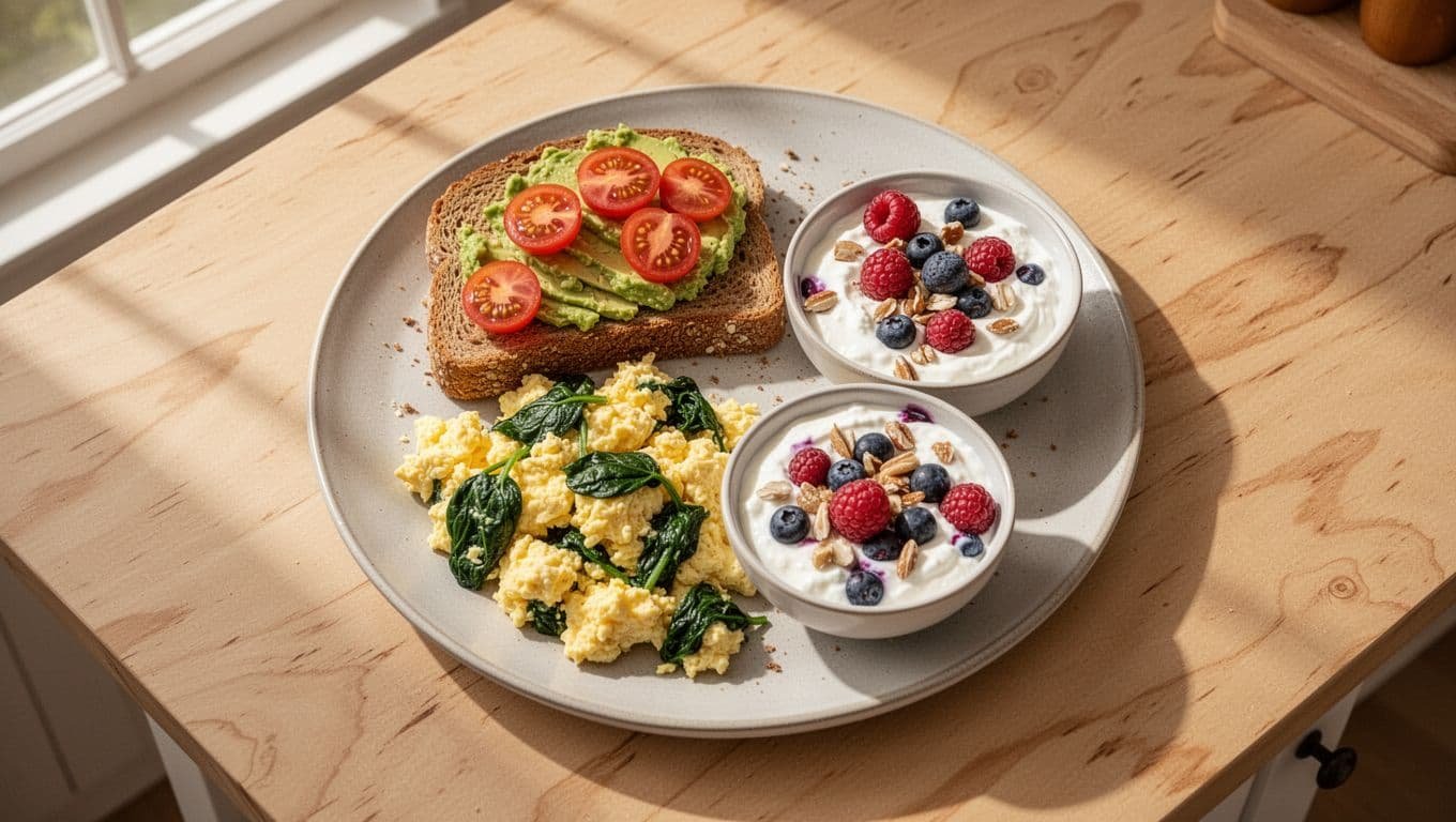 Top-down view of breakfast plate with scrambled eggs and spinach, avocado toast with cherry tomatoes, and Greek yogurt with berries and nuts on wooden table.