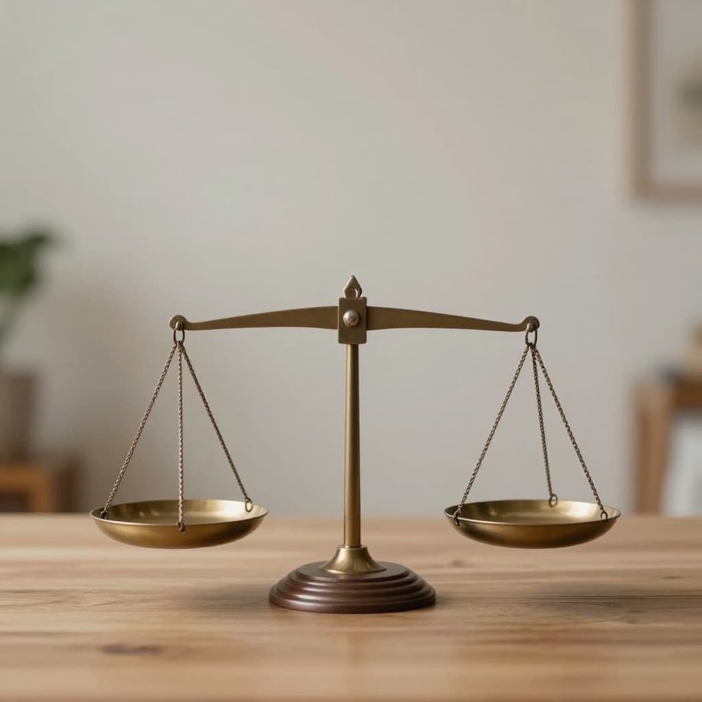 Balanced scale symbolizes emotional equality between two people in peaceful indoor setting.
