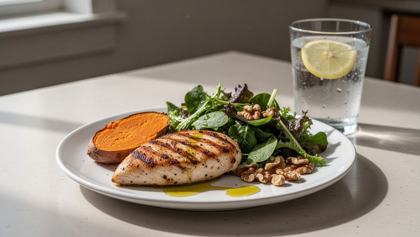 Plate with grilled chicken, sweet potato, mixed greens salad, nuts, and lemon water glass on kitchen table.
