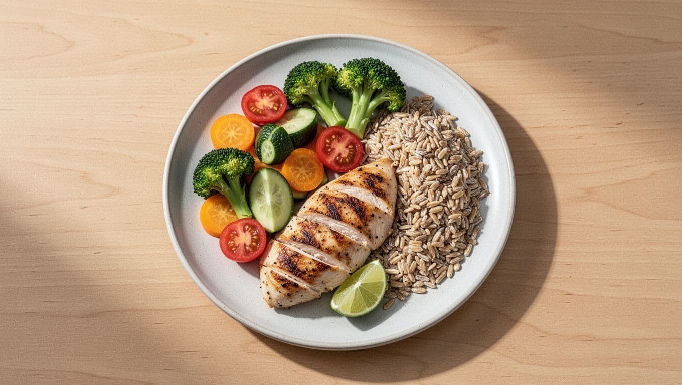 A top-down view of a balanced plate with grilled chicken, colorful vegetables, and whole grains.