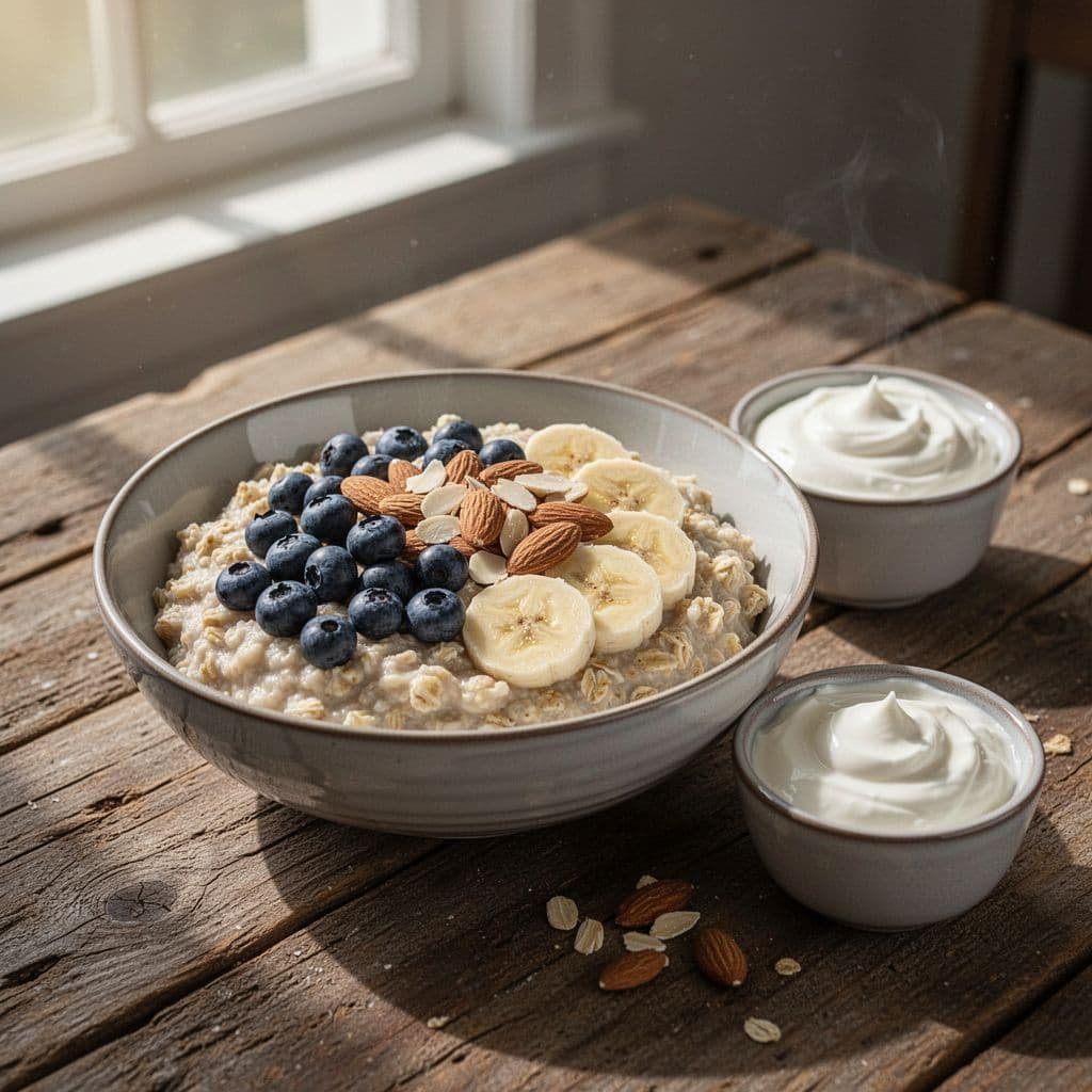 Bowl of oatmeal topped with blueberries, bananas, and almonds next to Greek yogurt in rustic kitchen.
