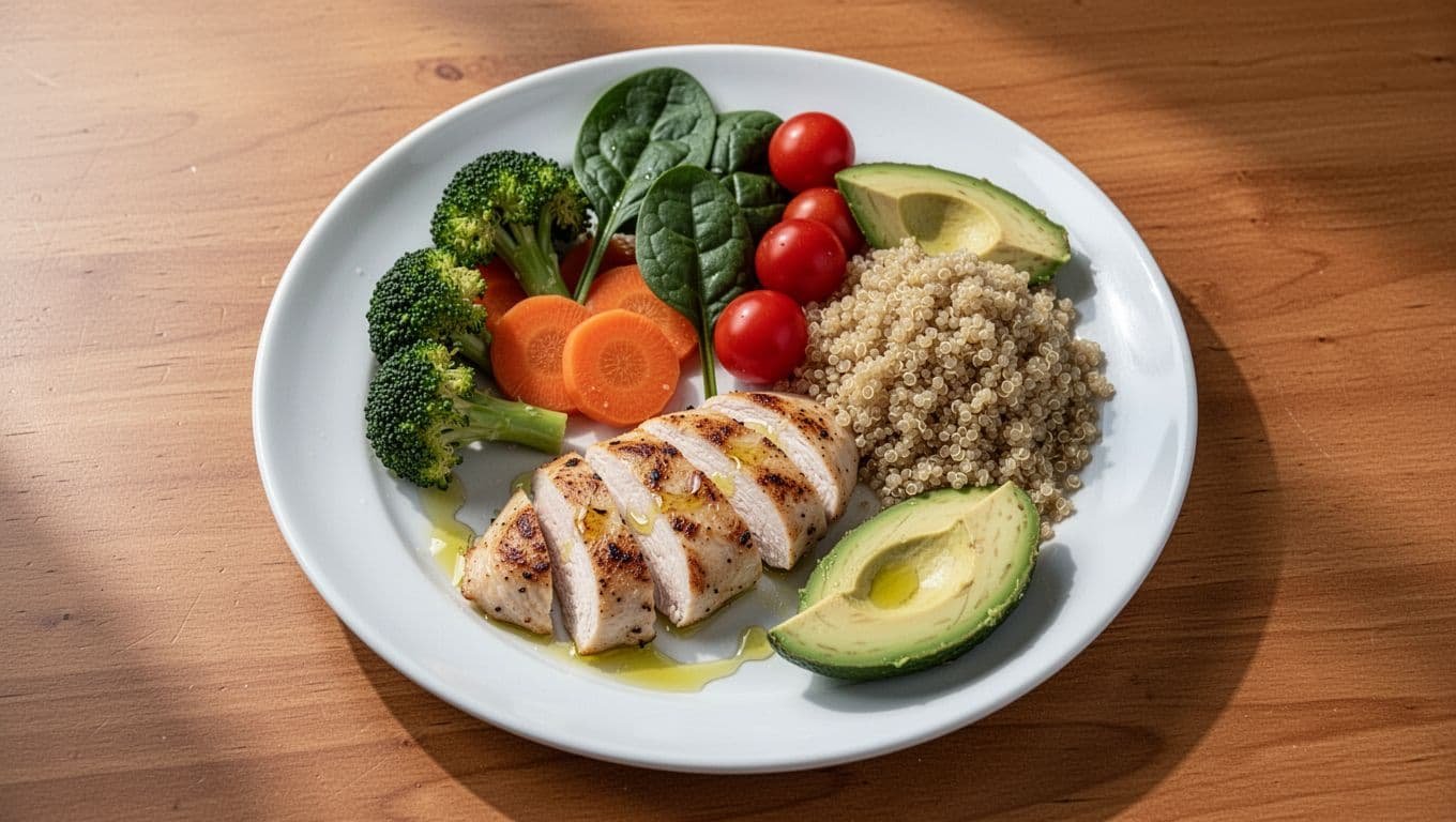 Top view of white plate on wooden table: half mixed vegetables, quarter grilled chicken, quarter quinoa, olive oil drizzle, avocado slices.