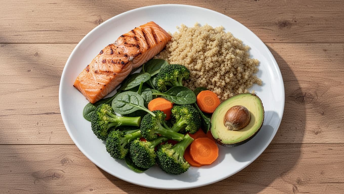 Top view of white plate on wooden table with grilled salmon quarter, quinoa quarter, half mixed broccoli spinach carrots, and avocado half.