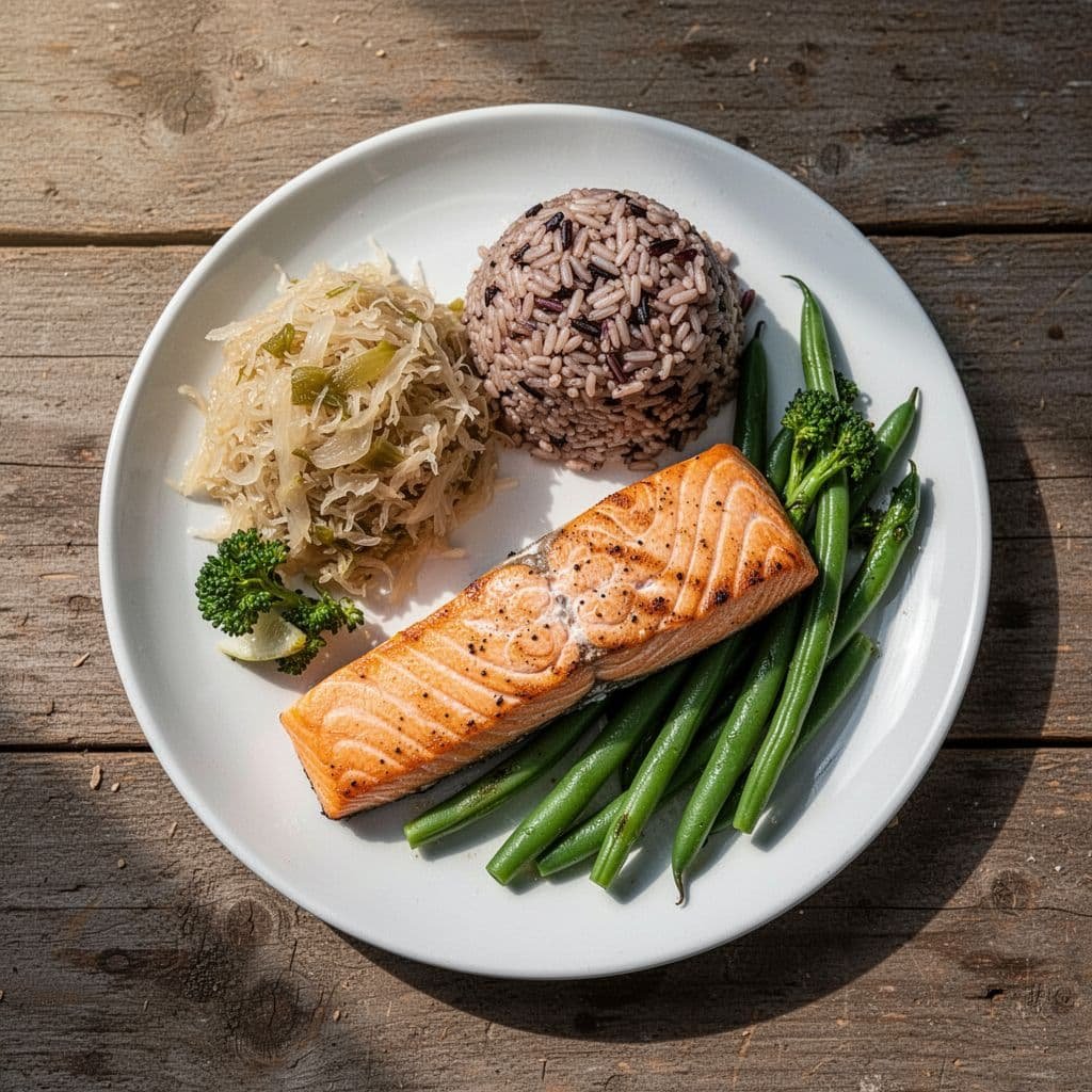 A top-down view shows grilled salmon, brown rice, sauerkraut, and green beans served on a wooden table.