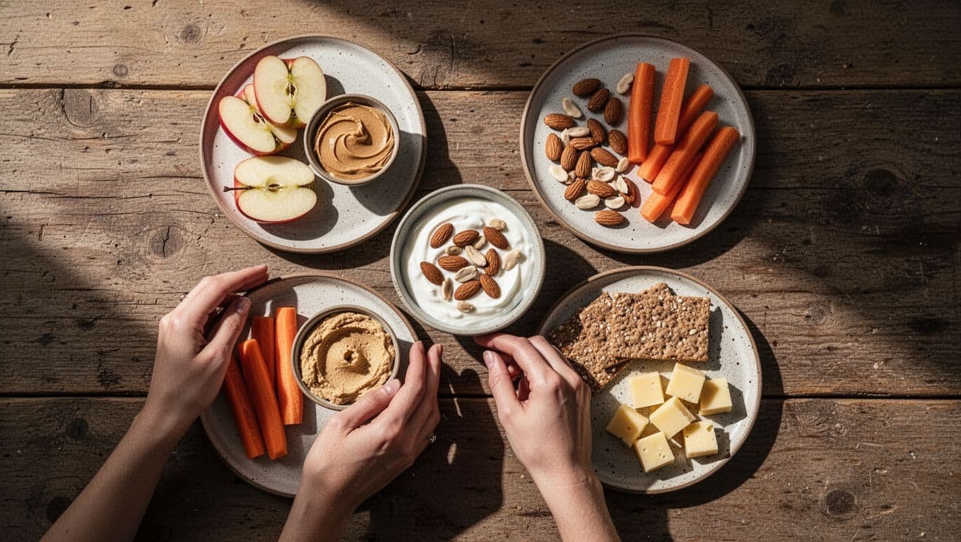 Top view of rustic wooden table with half-plates of apple slices and peanut butter, yogurt and almonds, carrot sticks and hummus, crackers and cheese cubes, hands placing items.