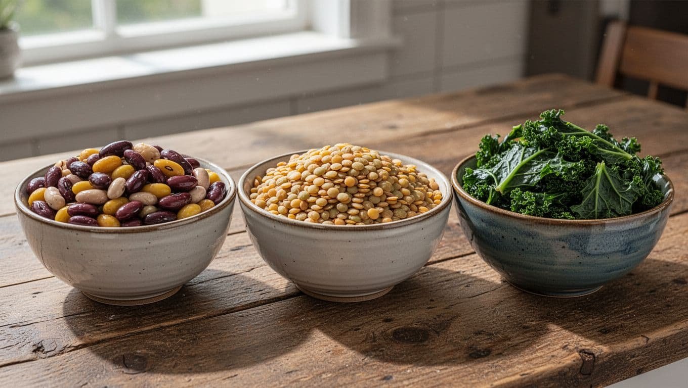 Three bowls on wooden table: colorful cooked beans, lentils, and spinach-kale greens.