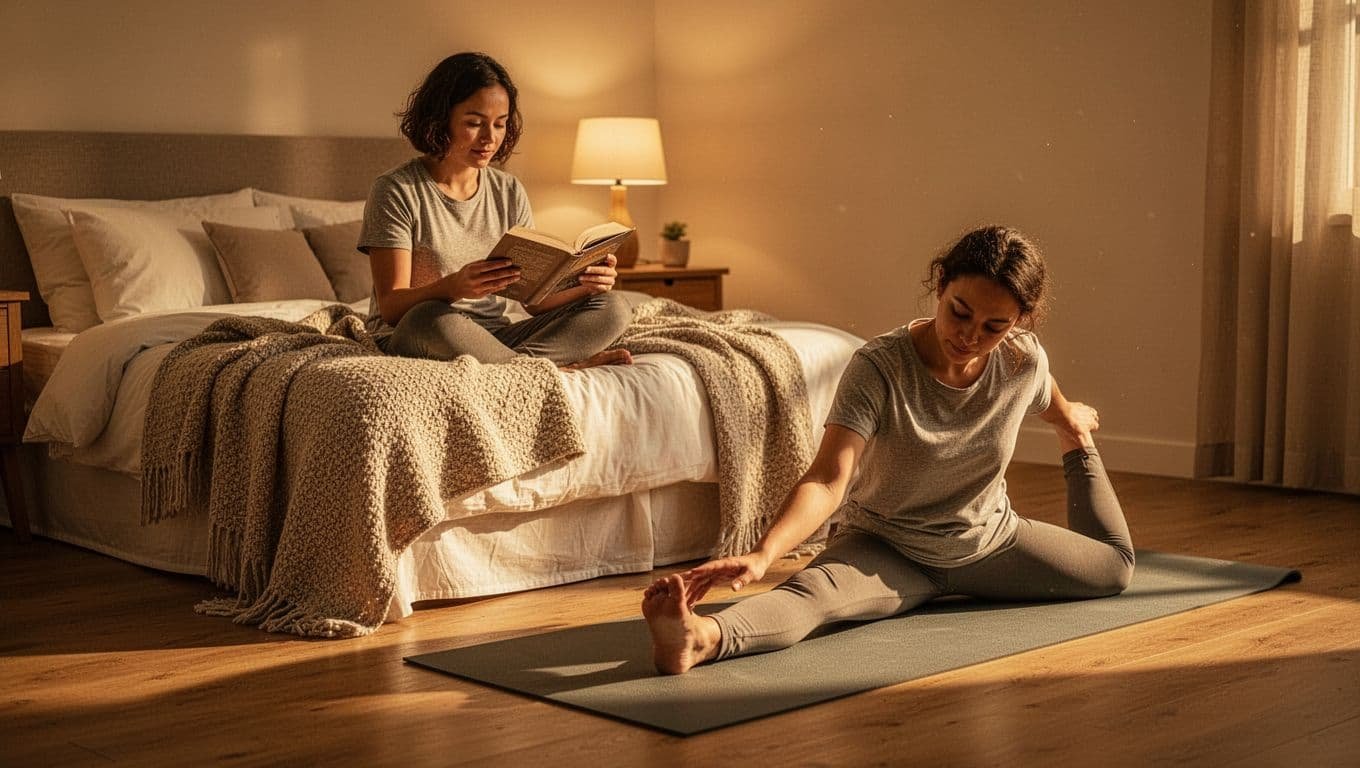 Person relaxes on bed with book under warm lamp light, light stretch near yoga mat.