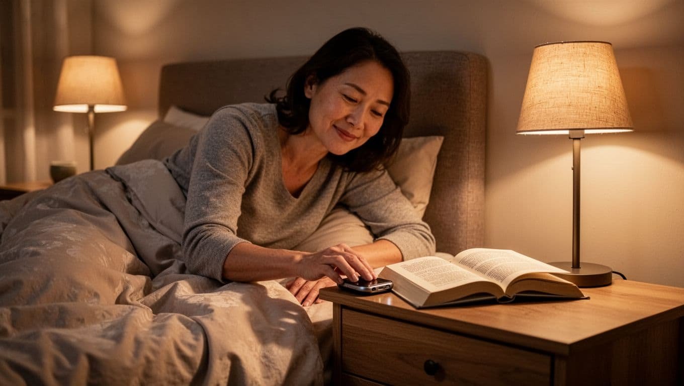Relaxed adult places phone face down on nightstand in cozy bedroom with dim lamp and open book.