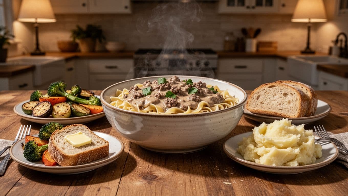 Creamy beef stroganoff over egg noodles in large bowl on dinner table with roasted vegetables, buttered bread, and mashed potatoes.
