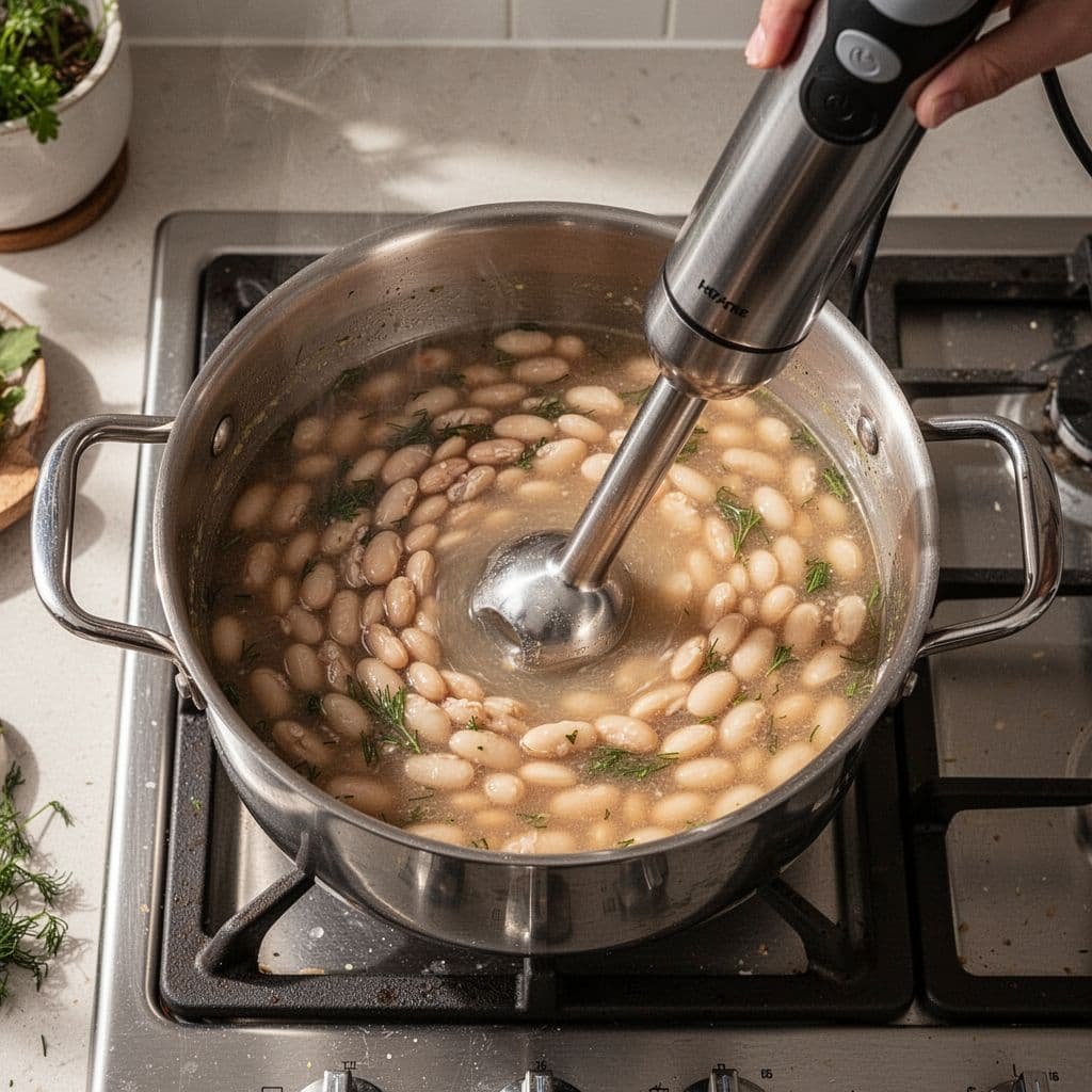 An immersion blender blends a portion of white bean soup directly inside a stainless steel cooking pot.