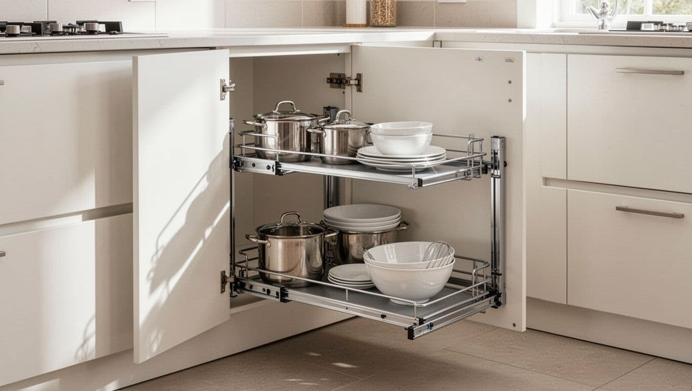Open blind corner cabinet door with fully extended two-tier swing-out organizer holding pots, dishes, and mixing bowls.