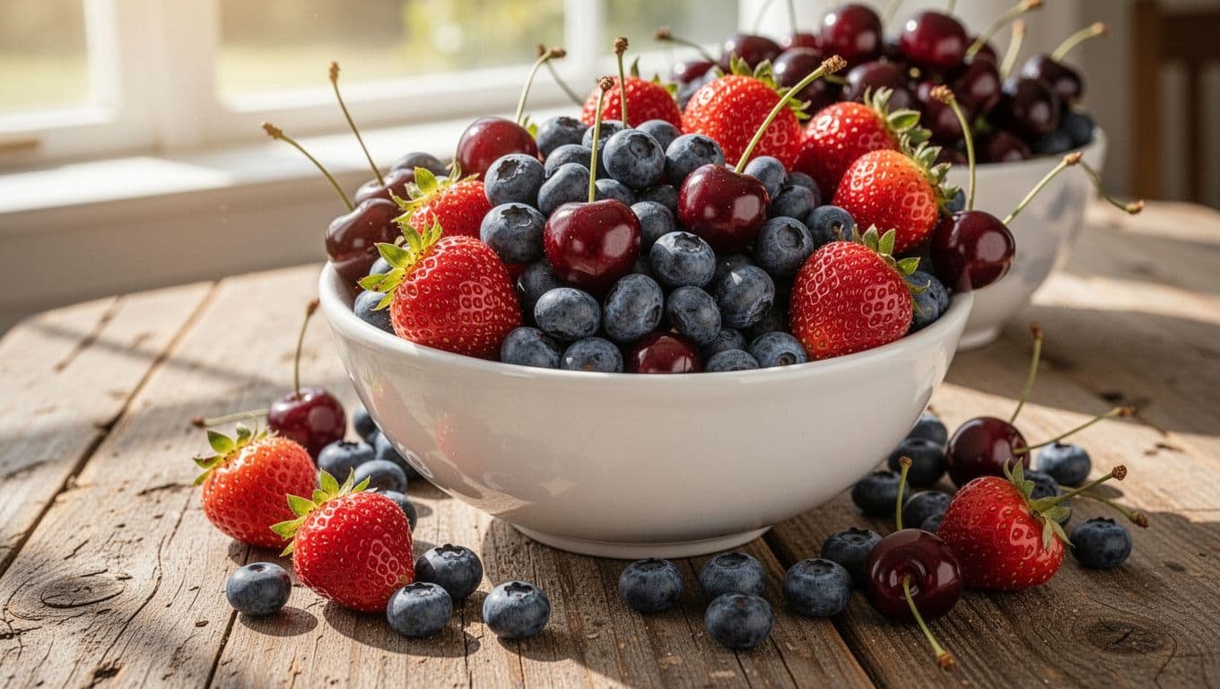 White ceramic bowl overflows with blueberries, strawberries, and cherries on rustic wooden table in morning sunlight.