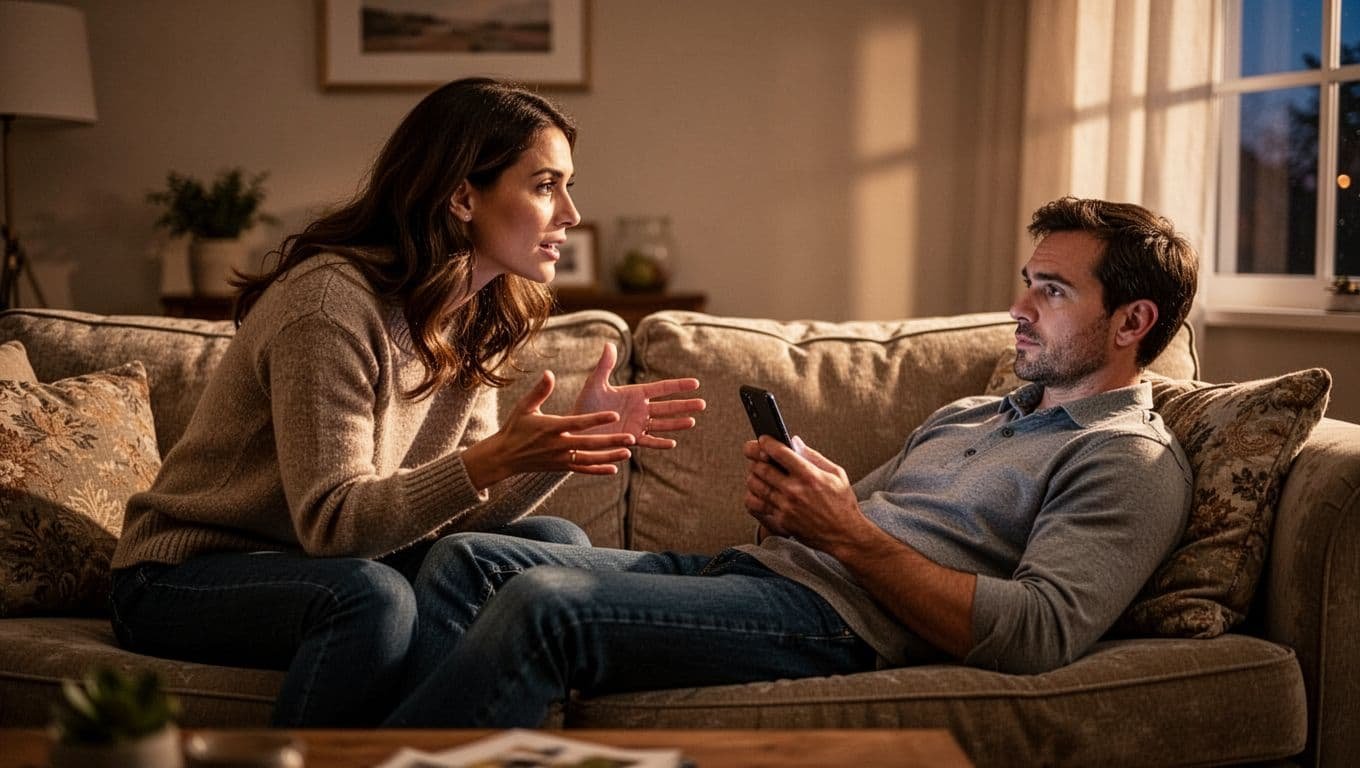 Couple sits face-to-face on living room couch; one leans forward gesturing while talking, the other slouches back bored at phone.