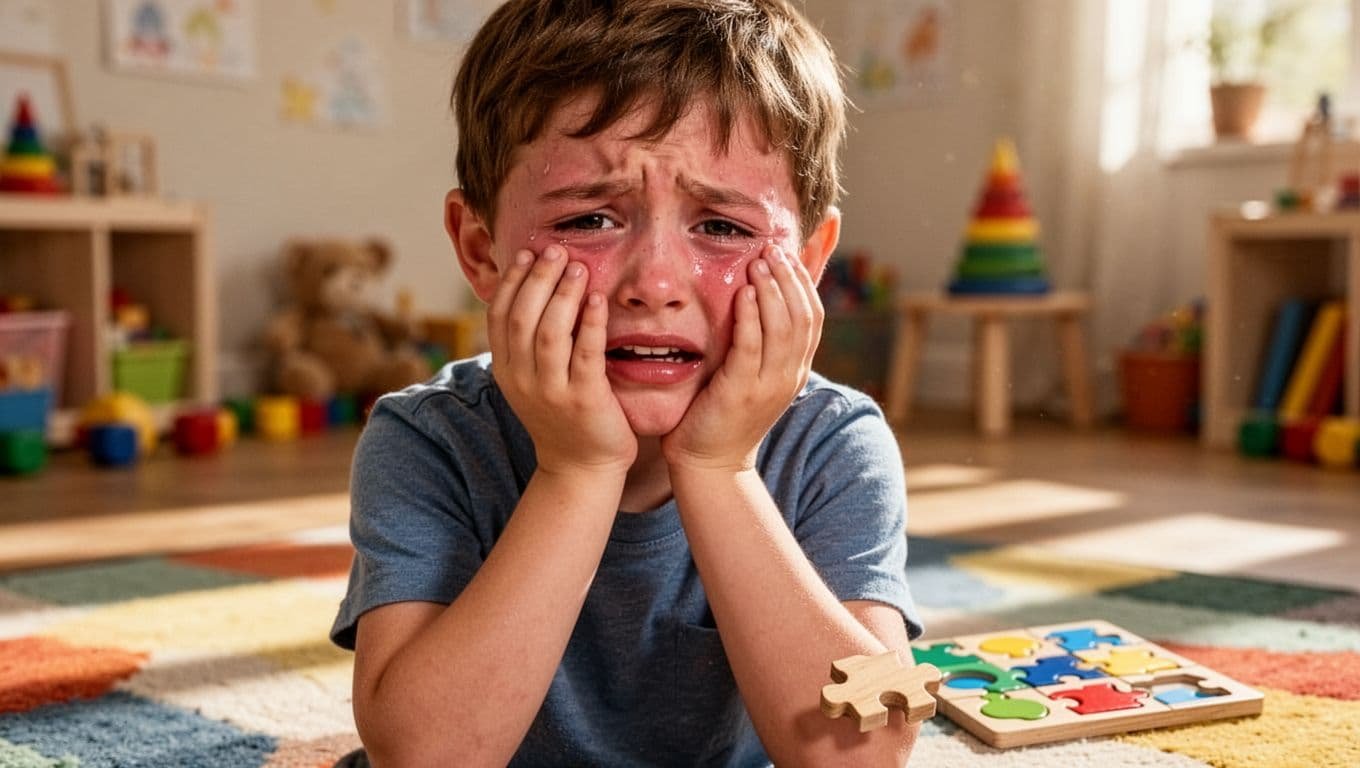 8-year-old boy with flushed face cries in sunny playroom over single spilled puzzle piece on colorful rug.