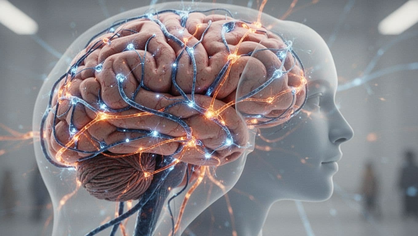 Close-up human brain with blue and orange neural pathways lighting up from foreground face silhouette.