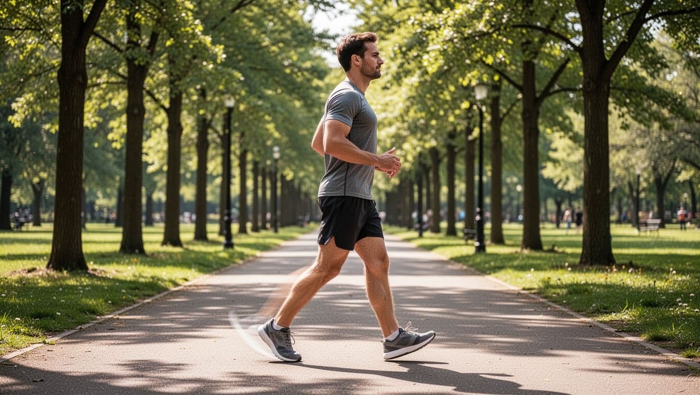 Fit adult strides purposefully on sunny tree-lined park path, legs blurred in motion.
