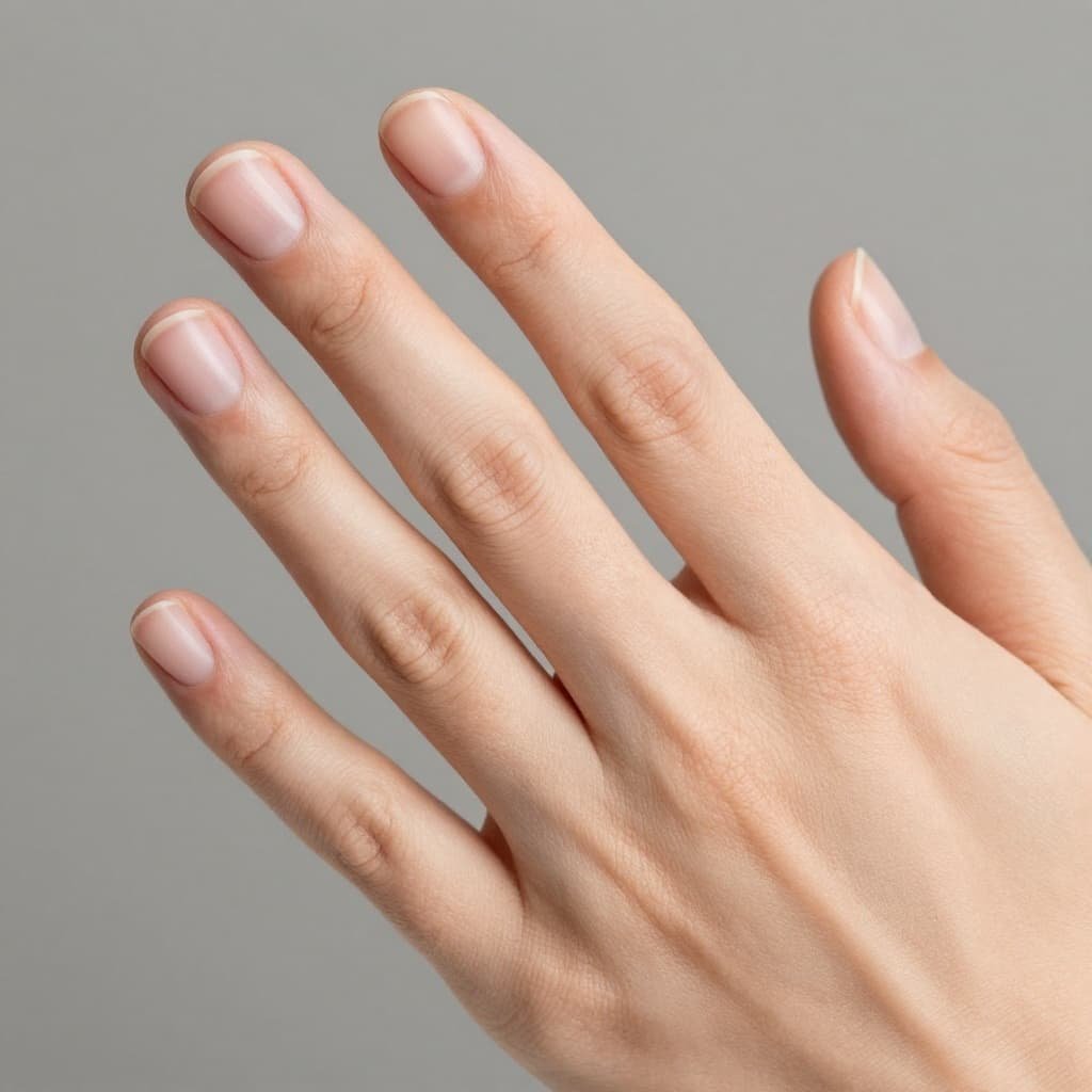 A close-up view of a person's hand showing brittle, damaged fingernails against a neutral background.
