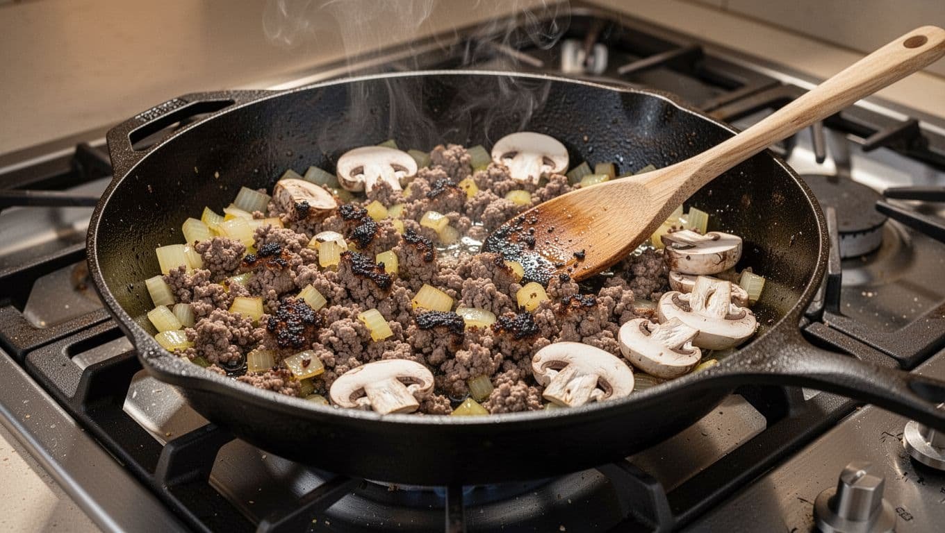 Ground beef crumbles browning in cast iron skillet with diced onions and sliced mushrooms softening, steam rising.