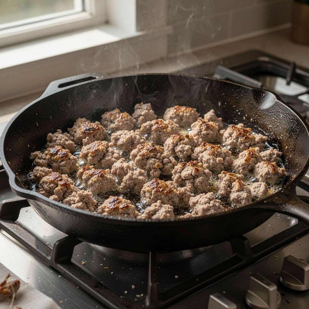 Ground turkey sizzles and browns in a seasoned cast-iron skillet on the stovetop.
