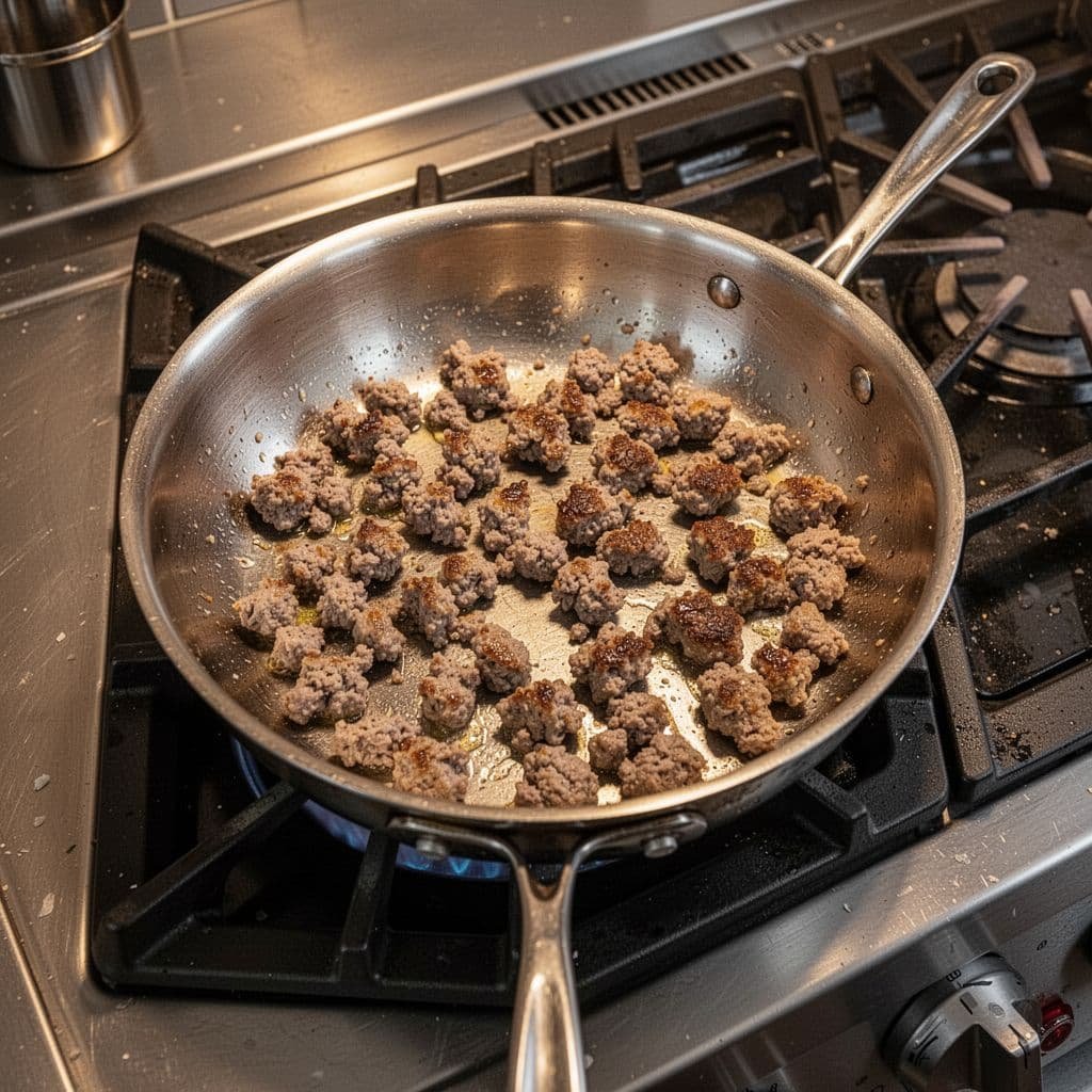 Crumbles of Italian sausage are browning in a stainless steel pan on a stovetop.