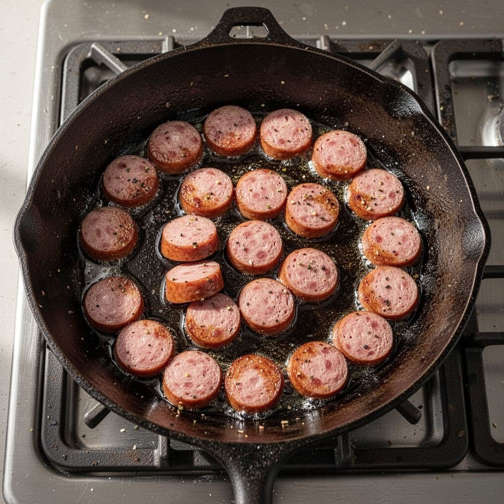 Sliced kielbasa sausages brown in a seasoned cast iron skillet with shimmering oil.