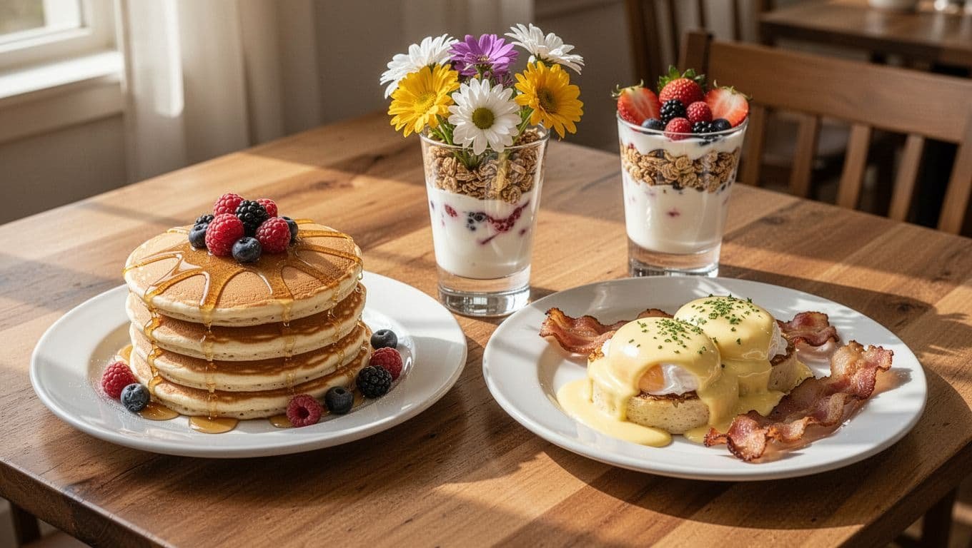 Top-down view of wooden table with pancakes topped with berries and syrup, eggs Benedict, yogurt parfait with granola and fruits, flower centerpiece in sunlit room.