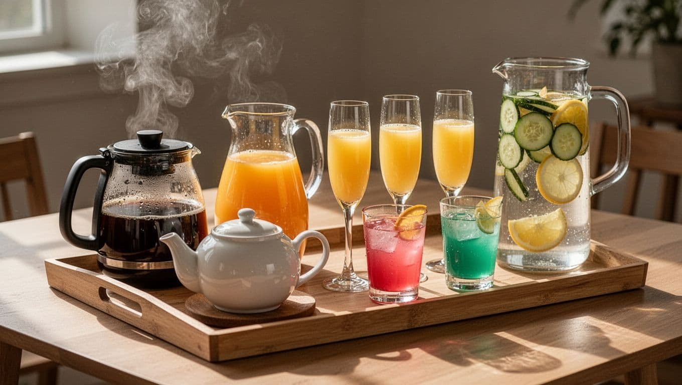 Brunch table with steaming coffee pot, teapot, orange juice pitcher, mimosas, mocktails, and cucumber-lemon infused water on wooden tray.