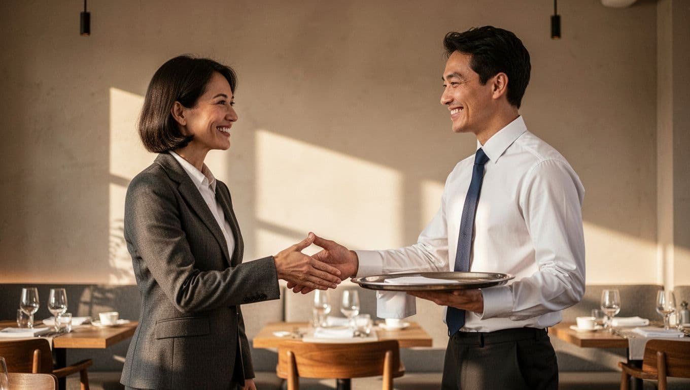 Business professional smiles while thanking waiter holding tray in modern restaurant.