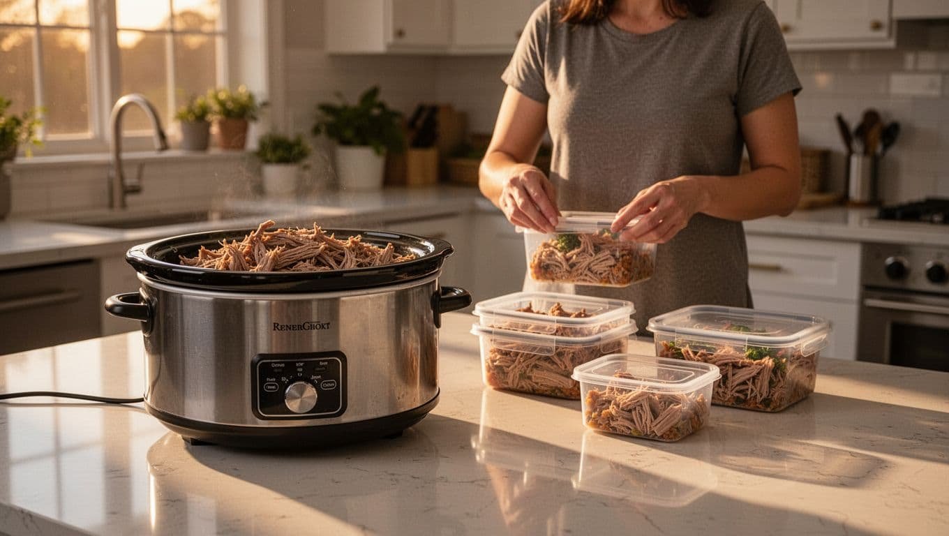 Slow cooker with pulled pork on kitchen counter beside meal prep containers, one person packing food in background under warm window light.