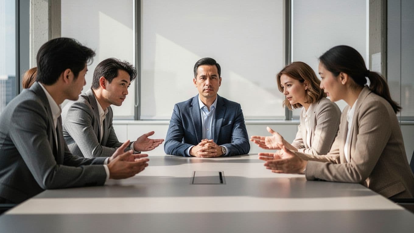 Four people lean forward gesturing toward calm man at head of conference table, hands folded, steady gaze.