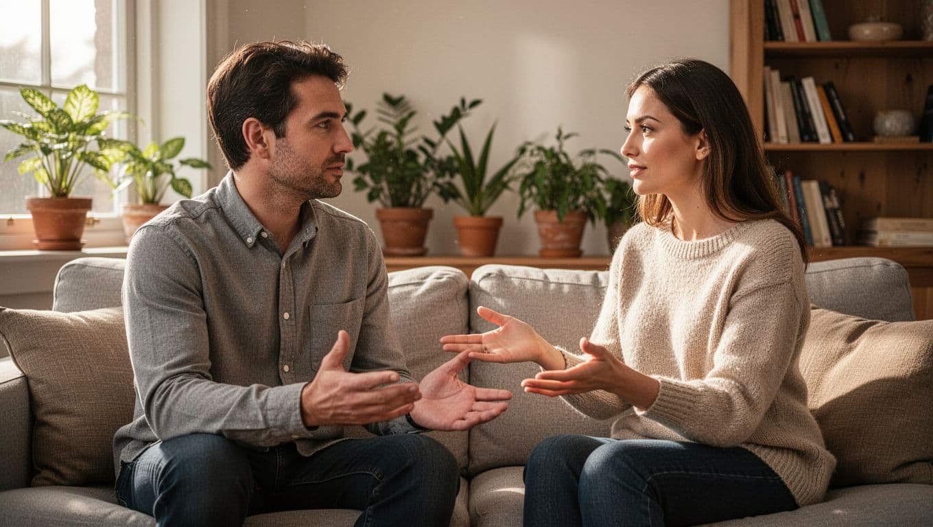Man and woman sit close on couch in sunlit living room, facing each other talking with relaxed expressions.
