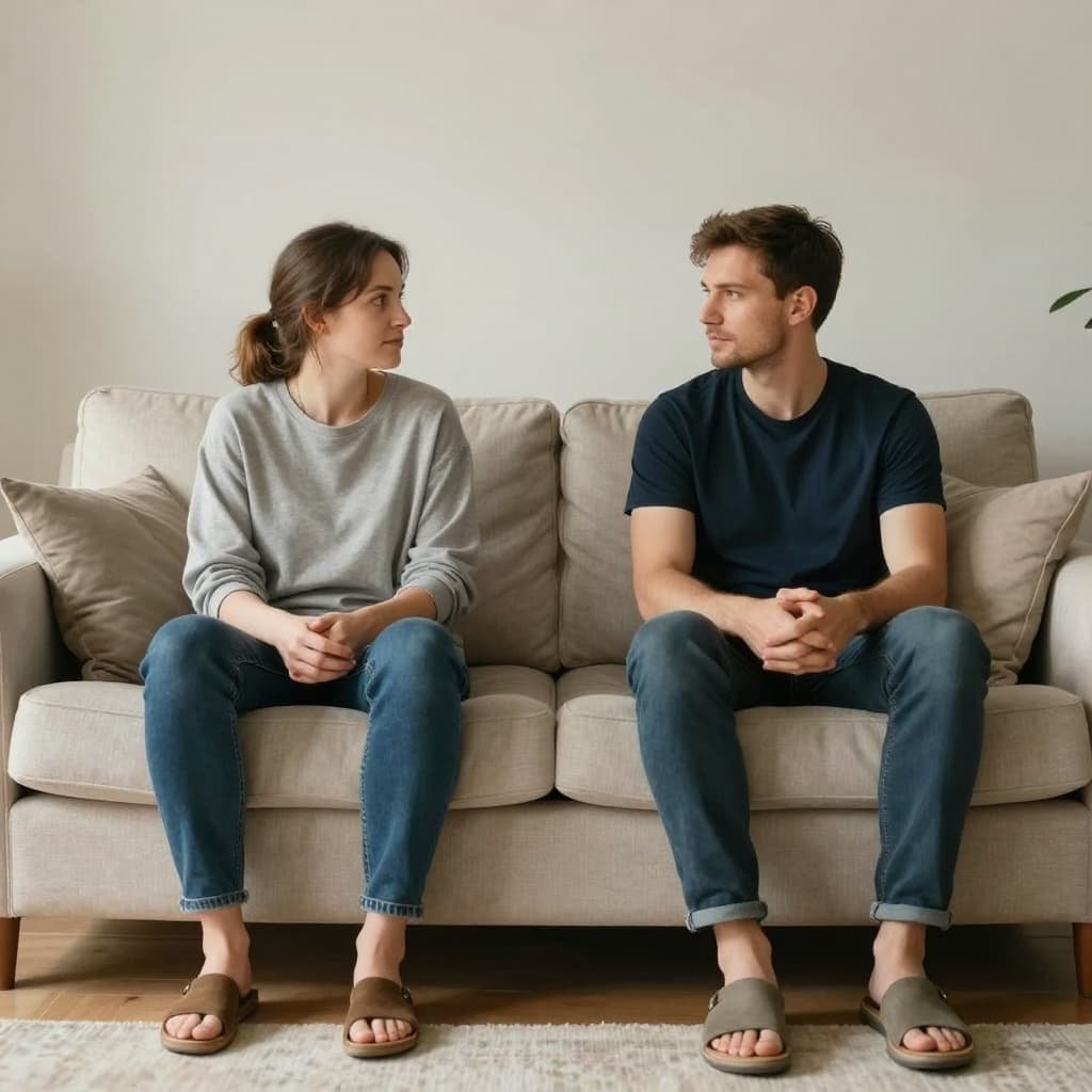 A couple sits on opposite ends of a couch in a sunlit living room, facing each other with relaxed expressions.